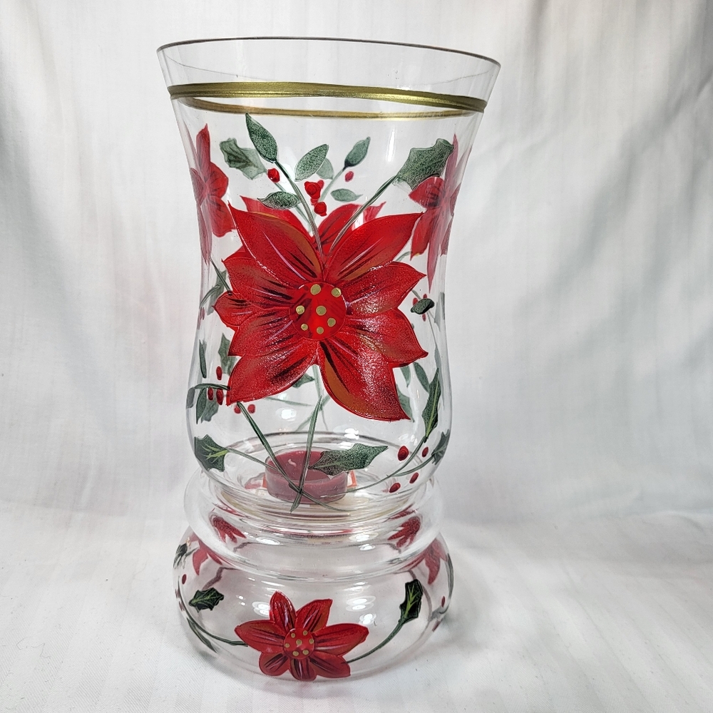 Celebrations Poinsettia Hurricane Candle Holder Glass 10" Christmas 2pc with Box - Picture 2 of 16